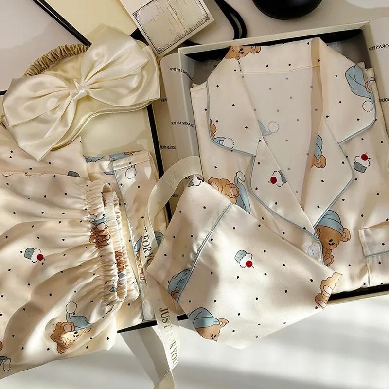 Spring and Autumn New Ice Silk Ladies Korean Ins Pajamas Homewear Suit Girls Long-Sleeved Suit Cute Dot Bear Pajamas Homewear