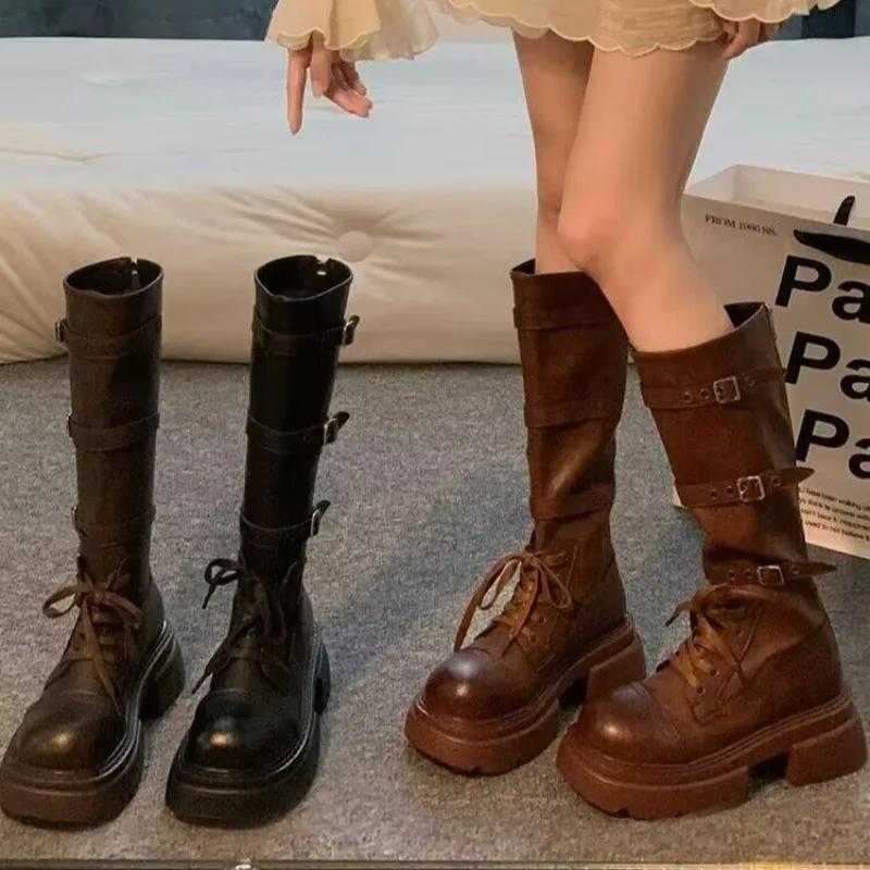 Женские высокие сапоги, кожаные туфли, зимние дизайнерские туфли на среднем каблуке, массивные туфли, женские зимние сапоги 2024 года, элегантные женские ботинки Chelsea Botas