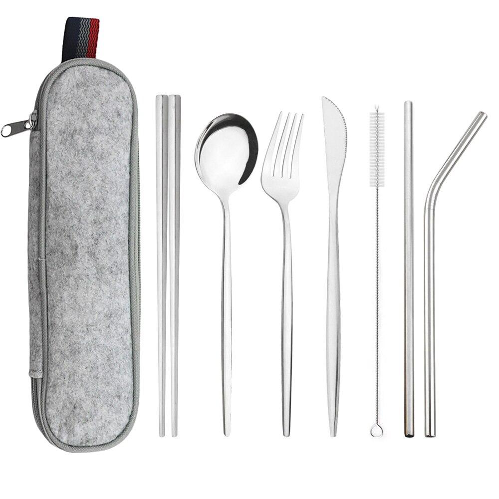 Серебряный набор столовой посуды, дорожный набор столовых приборов, многоразовое серебро, соломенные ложки, вилки, палочки для еды, кухонные аксессуары с сумкой