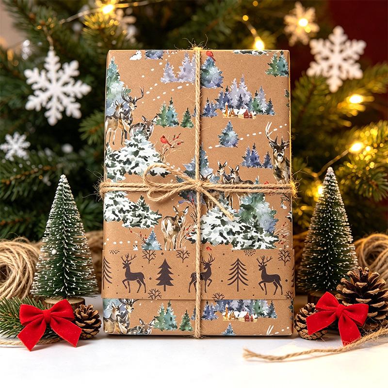Vintage Kraft Christmas Gift Wrapping Paper Double Sided Print Kraft Roll Pine Tree Reindeer DIY Present Packaging Sheet