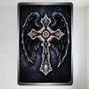 Орнаментированный готический крест, металлическая жестяная табличка с черными крыльями ангела и белой филигранью, красно-бордовый фон, серебристая рамка, винтажный религиозный