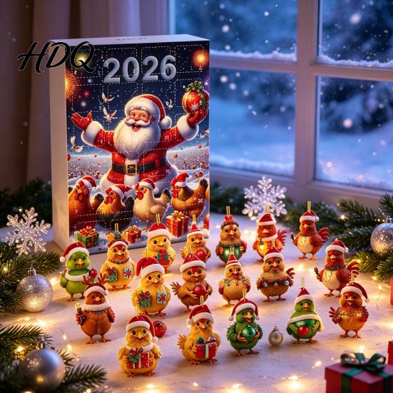 Акриловые подвесные украшения Куриный Адвент-календарь 2026 24 дня Рождественский отсчет с набором 2D плоских украшений Подвеска-мультяшка для