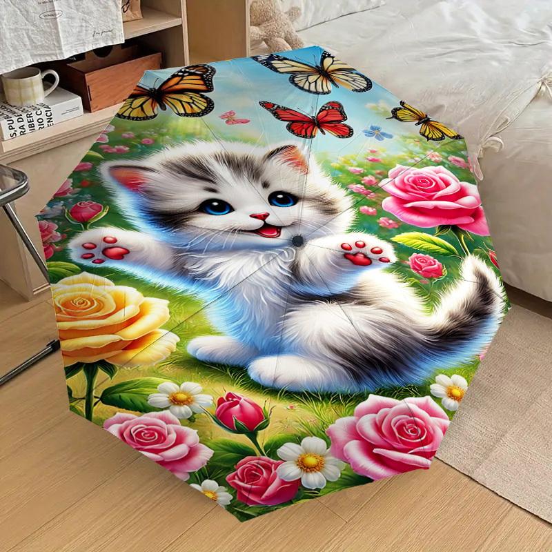 1PC cat flowers Automatic Open/Close Umbrella with Windproof, 8-Rib Sturdy Canopy, Durable Ribs, Fashionable Design, Outdoor Accessory, Fun Prin, Holi