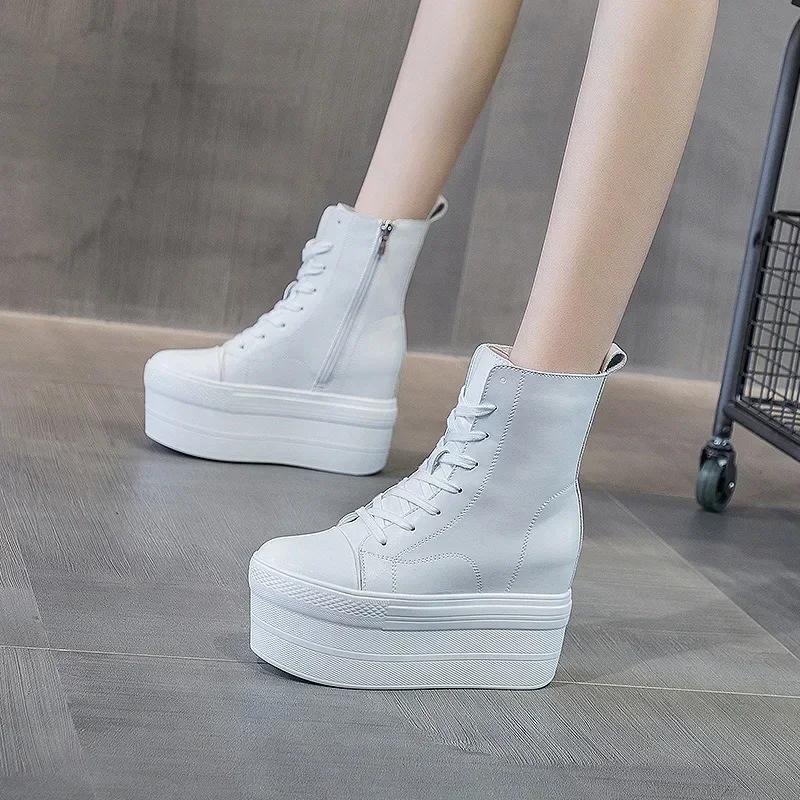 Модные осенние ботинки из натуральной кожи на платформе и танкетке с супер толстой подошвой 10 см и скрытым каблуком, на молнии, зимние ботильоны до щиколотки, теплые