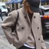Элегантный серый женский свободный жакет с длинным рукавом и воротником-стойкой, двубортное женское зимнее пальто