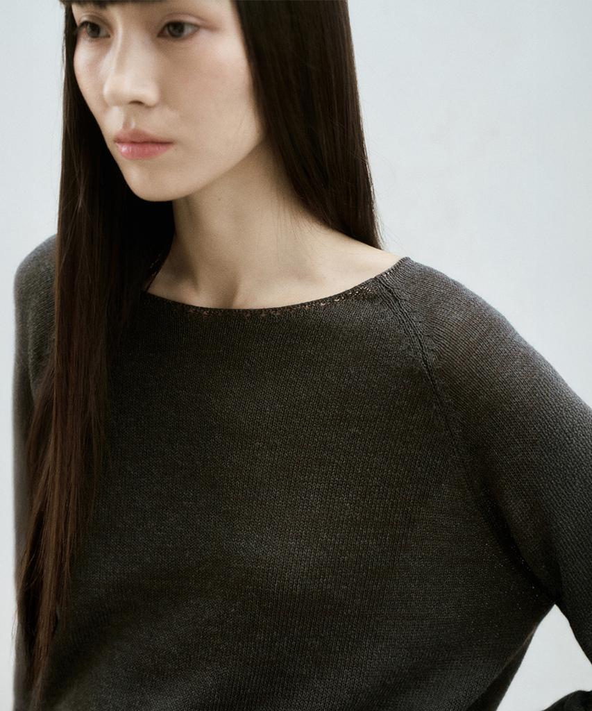 RE RHEE Round Neck Sheer Knit Top Charcoal Gray