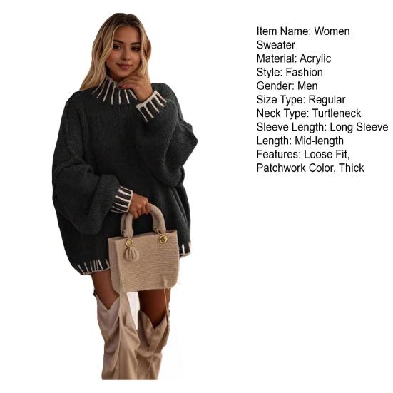 Women Oversized Pullover Sweater Turtleneck Long Sleeve Patchwork Color Winter Knitting Tops Loose Fit Thickened Knit Jumper Tops