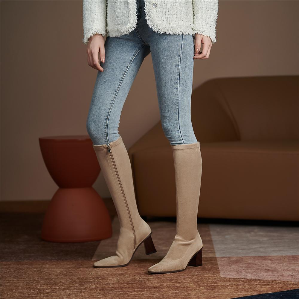 Fashion Autumn Fashion Women Boots Square Toe Yarn Elastic Knee High Boots Kid Suede Thick Heel Shoes Female Zip Socks Boots Bota Femini