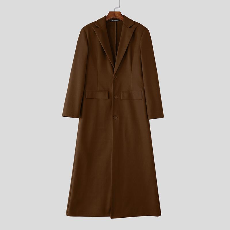 INCERUN Зима Осень Мужские Пальто Длинный Рукав Высокие Разрезы Длинные Шерстяные Мельтон Пальто Верхняя Одежда