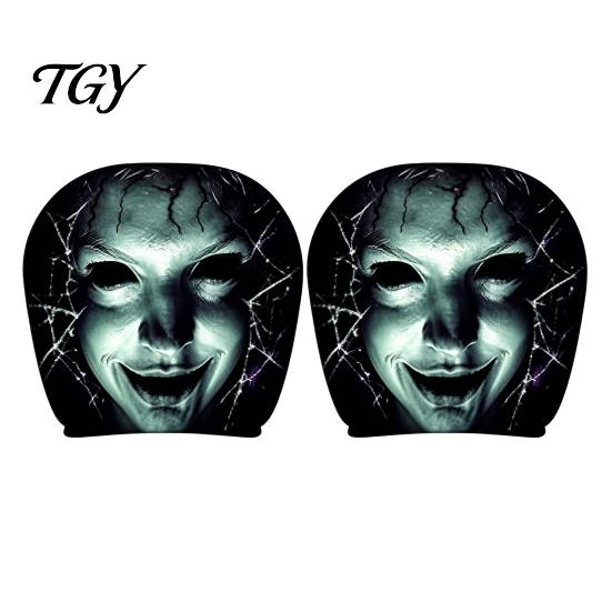 Seasonal Car Interior Decorations 2Pcs Funny Headrest Covers, Scary Faces Easy Install Auto Protector Seat Protectors, Universal Breathable