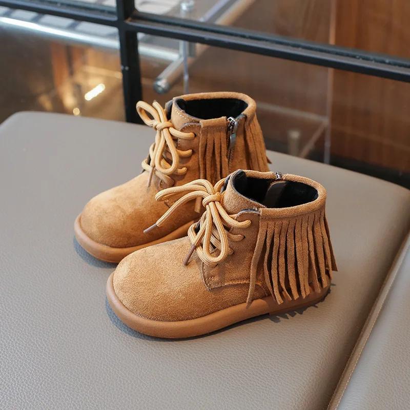 Winter Girls Tassel Boots Fashion Princess Versatile Kids Cotton Boots Children Ankle Boots Solid Color Leather Thick Bottom New