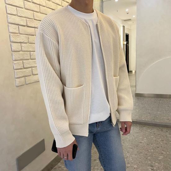 Men Cardigan Sweater Solid Color Full Zip Up Casual Sweater Warm Knitwear Jacket with 2 Front Pockets for Autumn And Winter