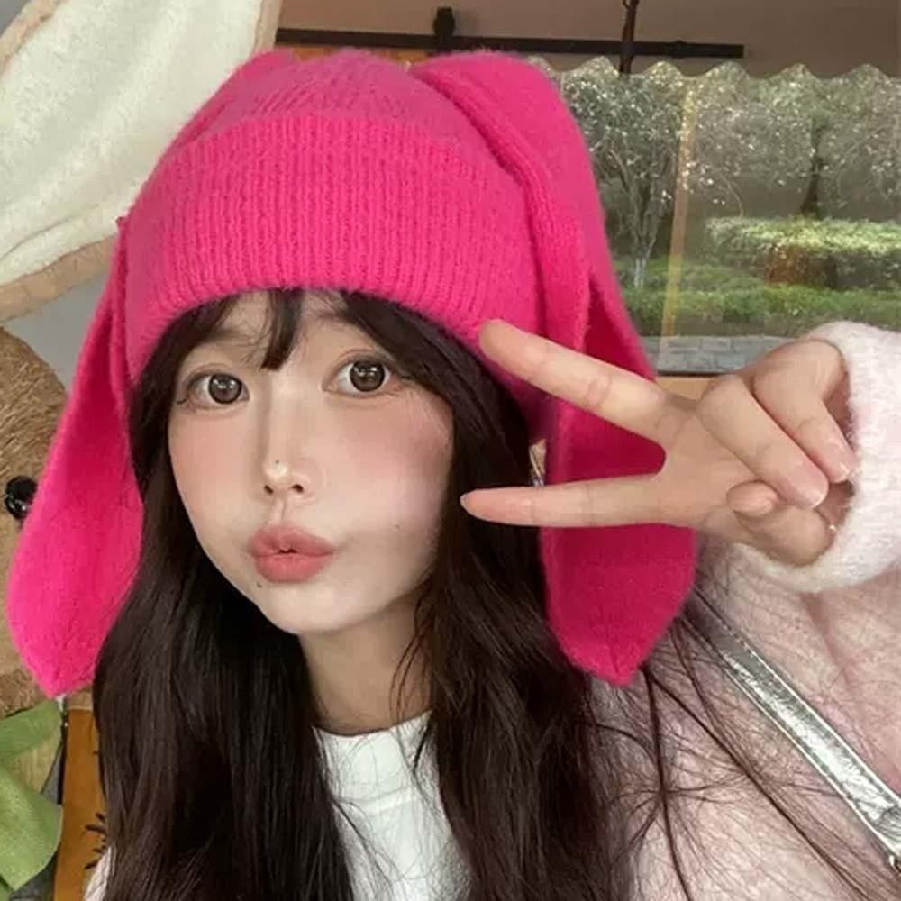 Korean Style Rabbit Ears Cap Trendy Brimless Beanie Hat Personality Bunny Pullover Cap Outdoor