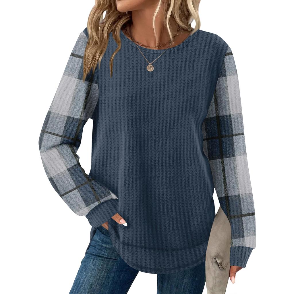 Женский повседневный топ свободного кроя с круглым вырезом и длинными рукавами в клетку