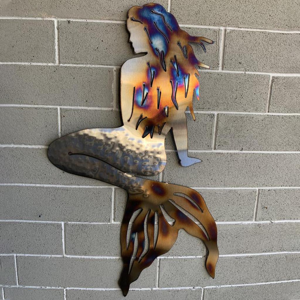 Mermaid Metal Art Wall Decor Wrought Iron Handmade Creative Craft Panels Hanging Decoration for Garden Beach Living Room Art
