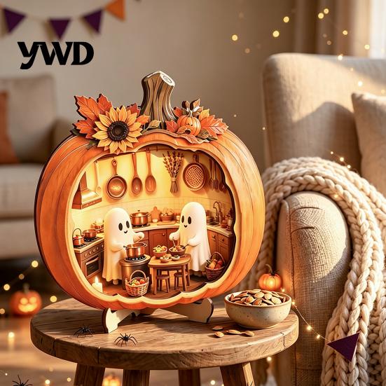 Spooky Cute Halloween Figurines Ghost Pumpkin Tabletop Sign, Wooden House with Mini Decorative Holiday Shelf Accents Scene, Fall Harvest Desktop
