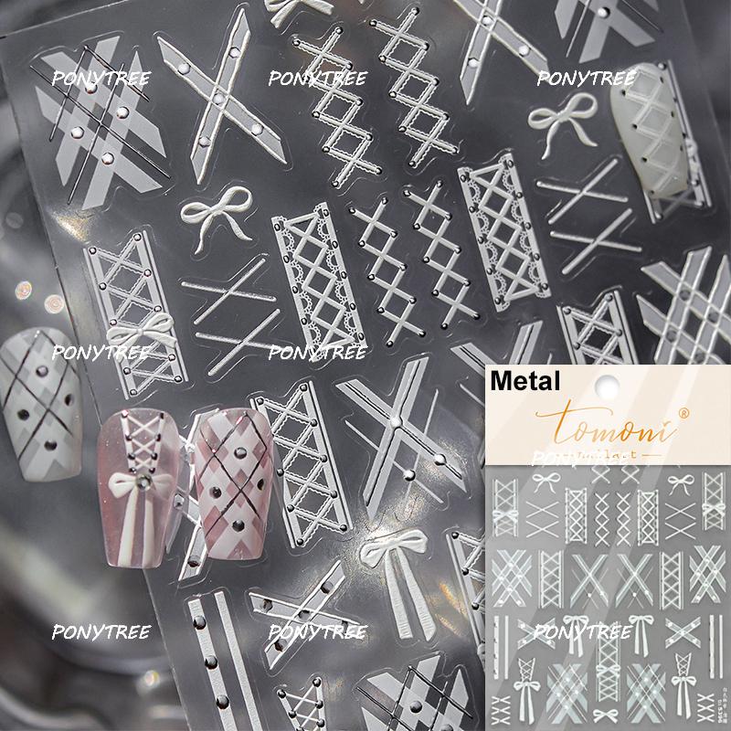 Delicate White Lace Bowknot Simulated Fabric Ribbon Silver Stamped Noble Rhinestone 5D Adhesive Nail Art Sticker Manicure Decal