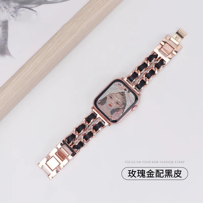 Watchband Double Row Metal Denim Chain Gold Wristband for Apple Watch Band 38 40 41 42 44 45 49 Mm Strap Lady Metal Leather Bracelet