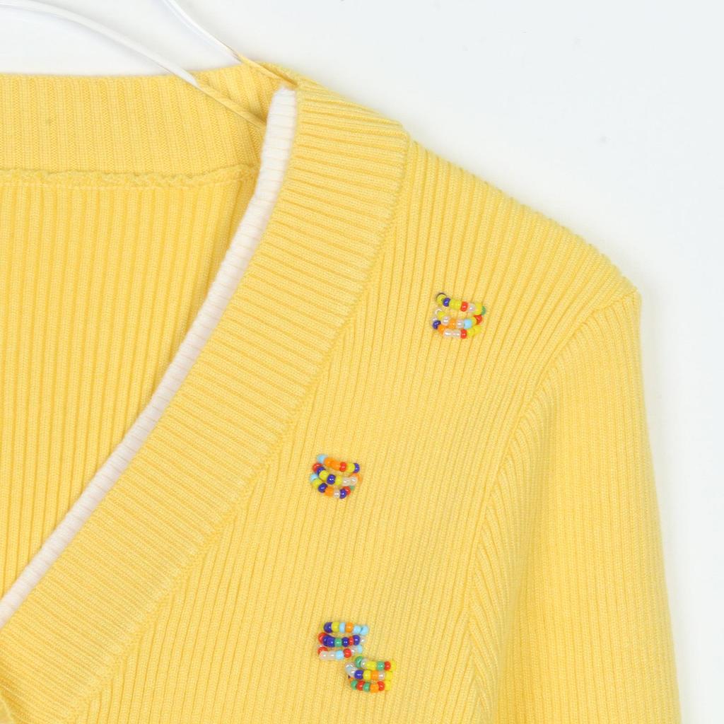 Женский французский ретро вязаный кардиган: V-образный вырез, Длинный рукав, Отделанный бисером, Имитация двойки, Короткий топ с цветными блоками