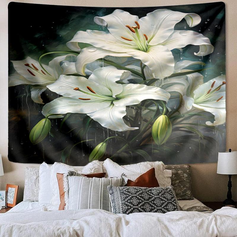 Golden Lily Bloom Tapestry Room Decoration Wall Hanging for Living Room Bedroom, dormitory, Birthday and Christmas gifts