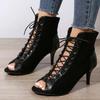 Sandals Hollow Mesh Heels Women's Shoes Summer  Trend Black Lace-Up Sexy Peep Toe Boots Stilettos Jazz Dance Female Shoes