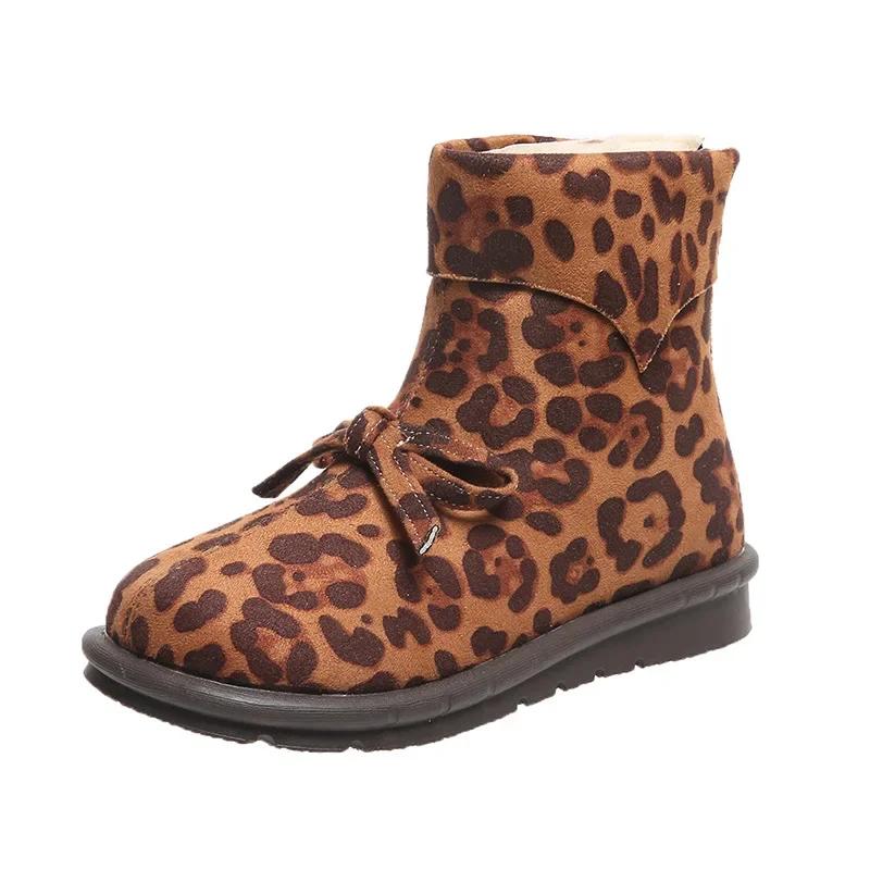 Ботильоны с леопардовым принтом, женская обувь, модные, сексуальные, меховые, замшевые, на плоской подошве, короткие, женские, большого размера 43, зимние сапоги с бантом