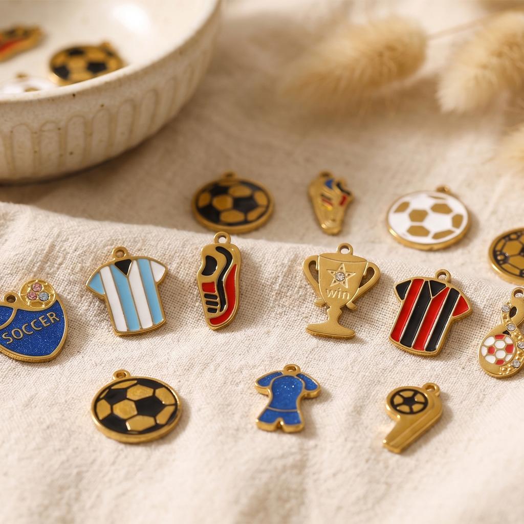 2pcs Stainless Steel Sport Charms 18K Gold Plated Round Football Multicolor Enamel Pendant DIY Necklace Earring Jewelry Findings