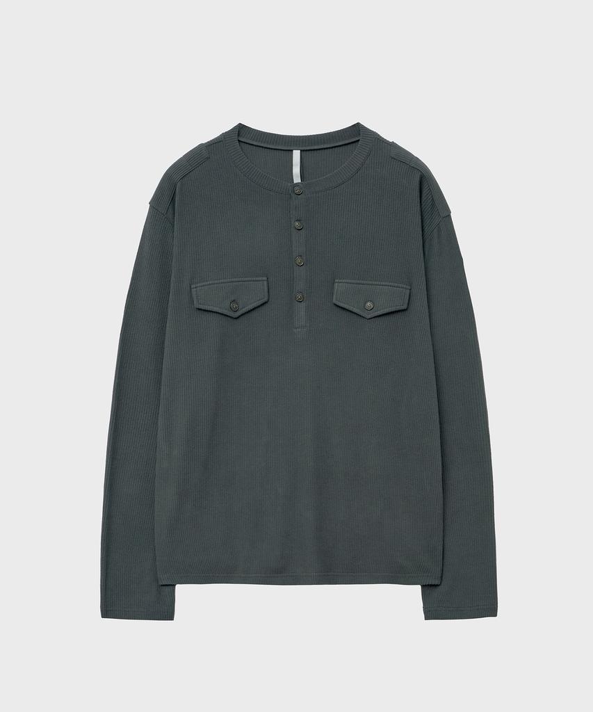 NOIRER Ribbed Henley Neck Long Sleeve T-Shirt (Dark Grey)