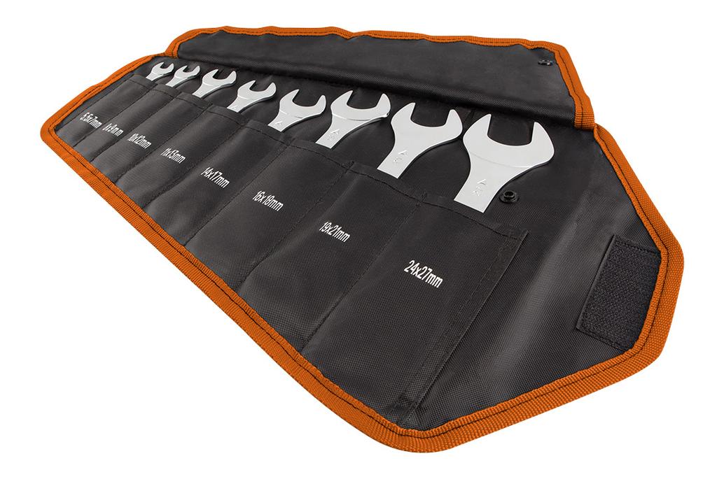 Double-ended open-end wrenches, super thin, 5.5 x 27 mm, set of 8, fabric case
