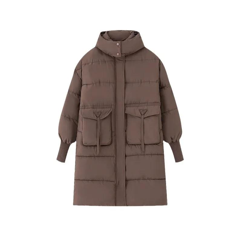 Осень-зима женские длинные парки куртки пуховые хлопковые утепленные выше колена свободные повседневные теплые пуховики с капюшоном женские