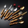 Retro Bamboo Handle 304 Stainless Steel Cutlery Set - Knife, Fork, and Spoon