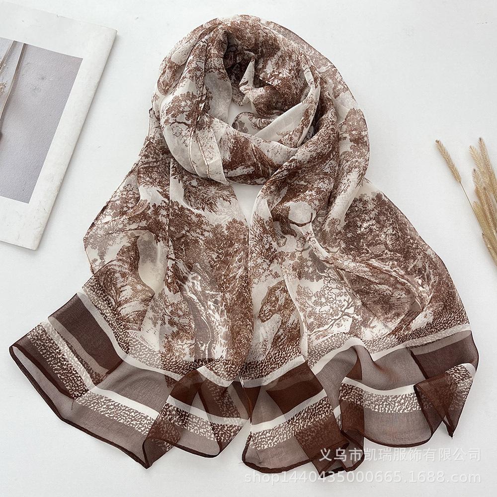 Новый длинный шелковый шарф с солнцезащитным кремом, тонкий искусственный шелк, весенне-летний женский шарф с принтом и украшением из жоржета