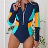 Contrast Color One Piece Swimsuit 2025 Rashguard Long Sleeve Surf Swimwear Women Patchwork Bathing Suit High Elasticity Bodysuit