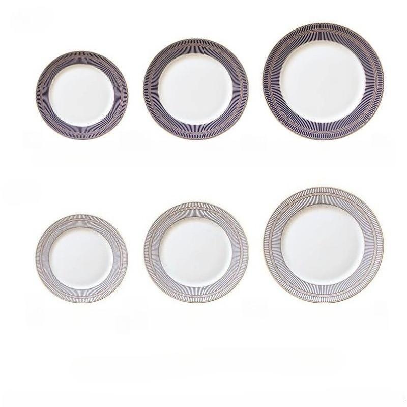 Fine Bone China Dinner Plates Sets, Light Luxury Tableware Stripe Pattern Gilt Edged Porcelain Dinnerware Round Set of 6