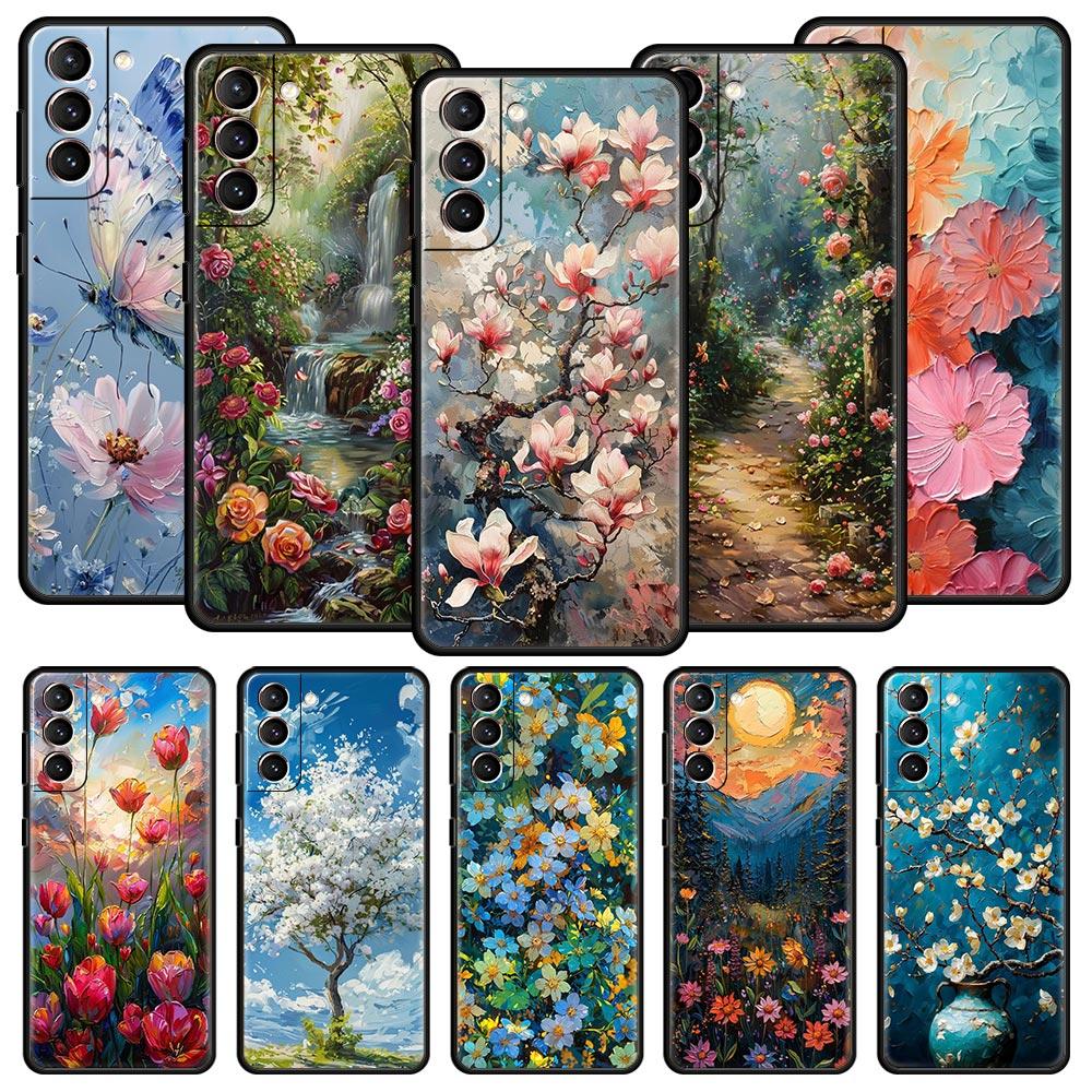 Чехол для телефона с картиной маслом цветов для Samsung Galaxy S25 S24 S23 S22 S20 Ultra S21 FE 5G S10 Plus S10E Мягкий чехол из ТПУ