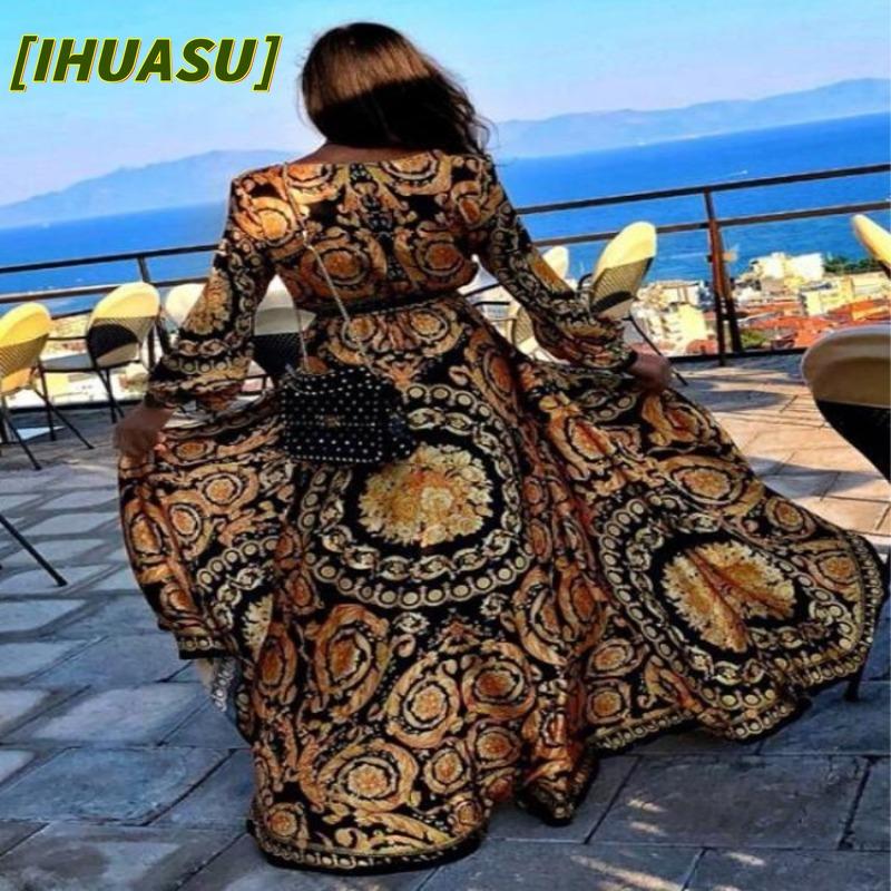 IHUASU Модные весенне-осенние повседневные платья с длинным рукавом и V-образным вырезом