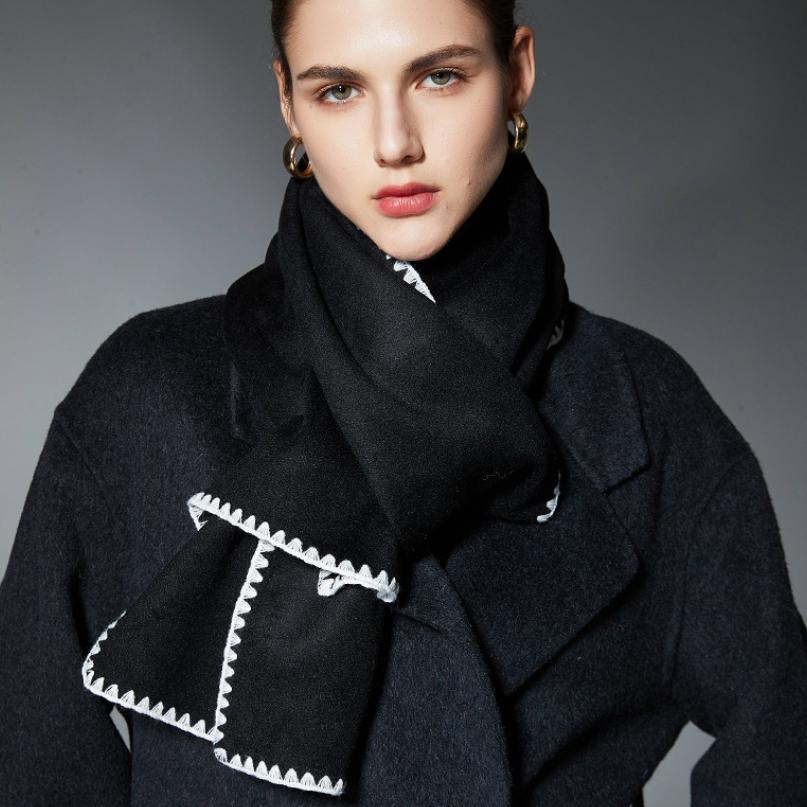 Women Long Warm Wool Blend Scarf Contrast Stitching Edge Soft Solid Color Neck Shawl Wrap for Autumn Winter Daily Coat Matching