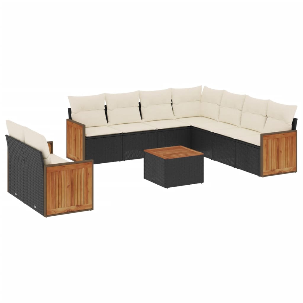 10 piece Garden Sofa Set with Cushions Black Poly Rattan