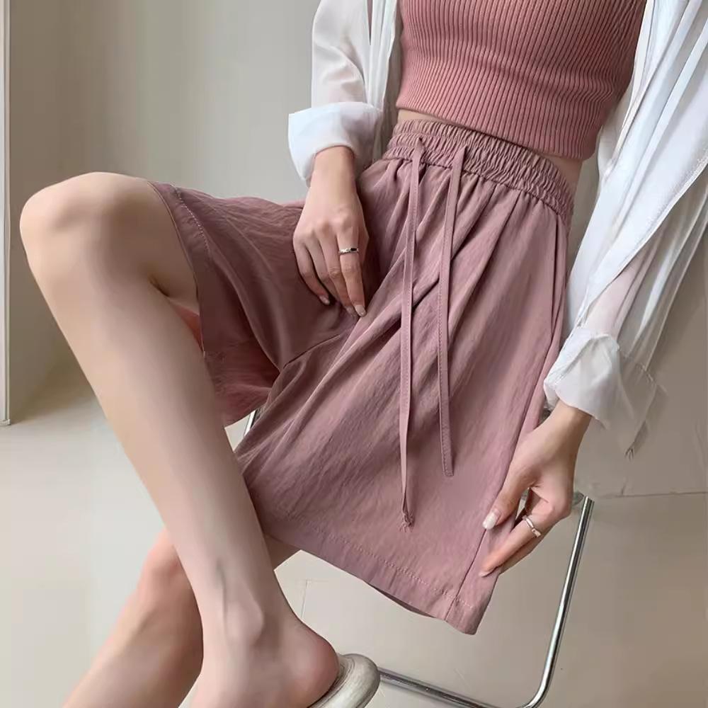 Быстросохнущие повседневные шорты Ice Silk, женские летние тонкие брюки с эластичной талией, утягивающие спортивные брюки с высокой талией, свободные широкие брюки длиной пять четвертей
