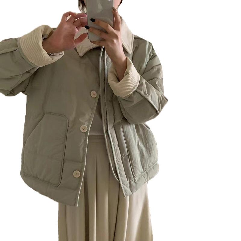 Вельветовый пуховик для женщин 2024 года, зимняя новая милая мода, контрастный цвет, теплая куртка небольшого размера