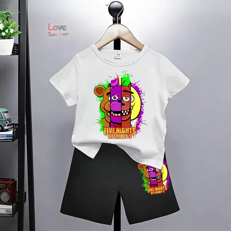 Летние футболки 2026 для детей Набор футболок Five Nights Одежда для мальчиков В Фреддис С коротким рукавом 3-12 Девочки Мультяшный Принт Животных