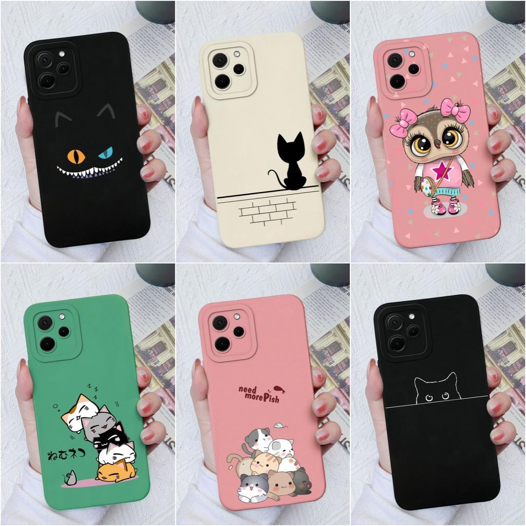 Liquid Silicone Case For Honor 30 50 70 Lite X8A X7A 9X Pro Magic5 Pro Cute Fashion Cat Shockproof Matte Phone Bag Soft Square Cover For Honor Bumper