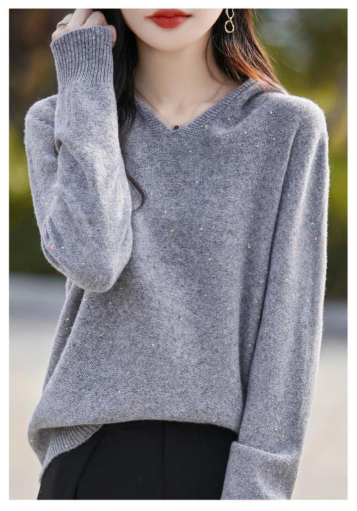 Women's Pure Wool Sequin Knit Hooded Sweatshirt: Autumn/Winter Seven-Stitch Loose Hoodie
