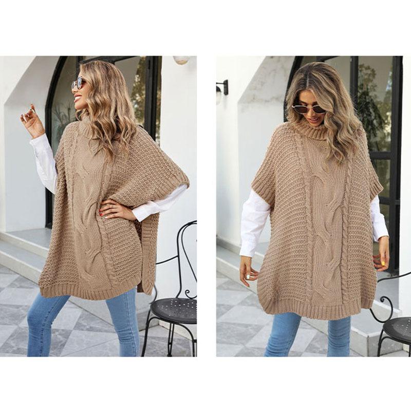 High Neck Knitted Shawl Crochet Fried Dough Twists Pattern Women's Loose Pullover Half Sleeved Sweater Casual Thick Warm Knitwear Autumn and Winter