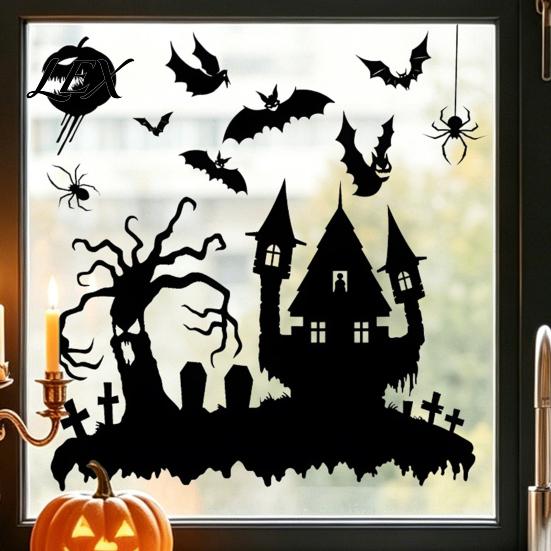 Spooky Party Decorations Halloween Static Sticker, with Witch/Ghost/Castle/Bat Horror Silhouette Patterns, Durable PVC Theme Home Decor Wall