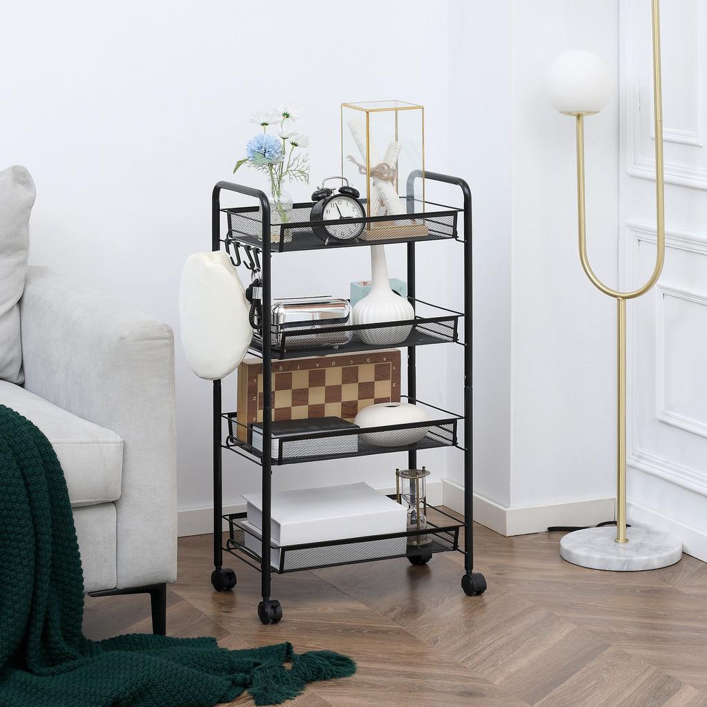 Rolling trolley with 4 hanging baskets, serving trolley on wheels, mobile, removable hooks, steel, 45 x 26.5 x 84 cm, black