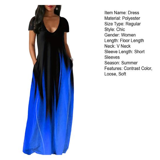 Женское летнее платье с глубоким вырезом и V-образным вырезом с коротким рукавом и контрастным градиентом цвета Свободные карманы длиной до пола Мягкое дышащее повседневное повседневное платье макси