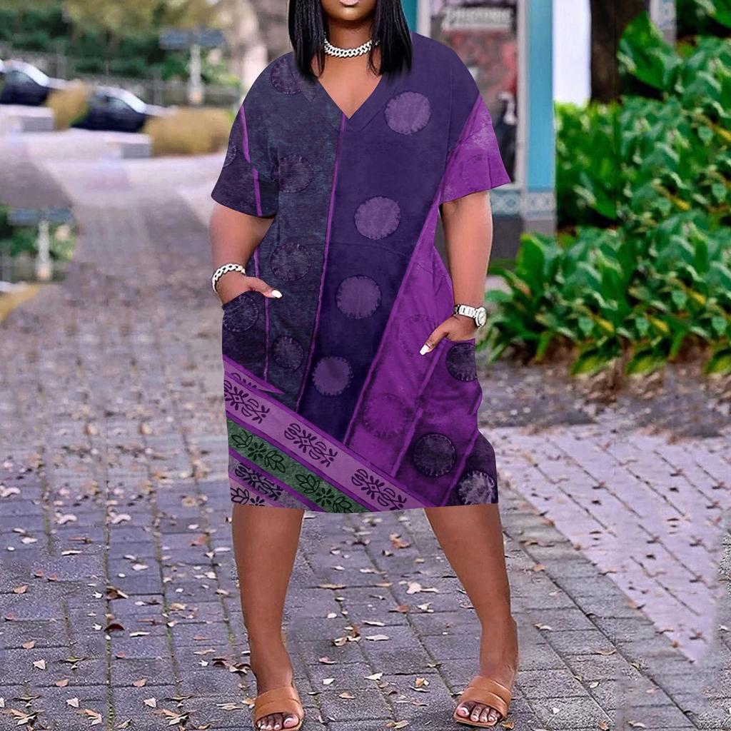 Лето плюс размер V-образным вырезом с короткими рукавами и карманами до колена с принтами повседневное платье для женщин