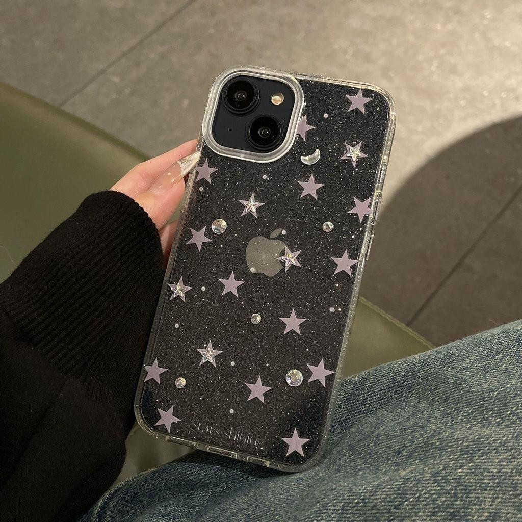 Korean Glitter Star Phone Case, Compatible with iPhone 12, 13, 14 Pro Max, 15 - Transparent for Women