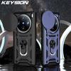 KEYSION Shockproof Armor Case for VIVO X100 Pro 5G Slide Camera Lens Protection Ring Stand Phone Back Cover for VIVO X100 Pro